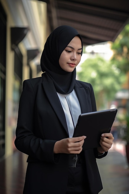 A Malay business woman in a black suit is holding a tablet Generative AI