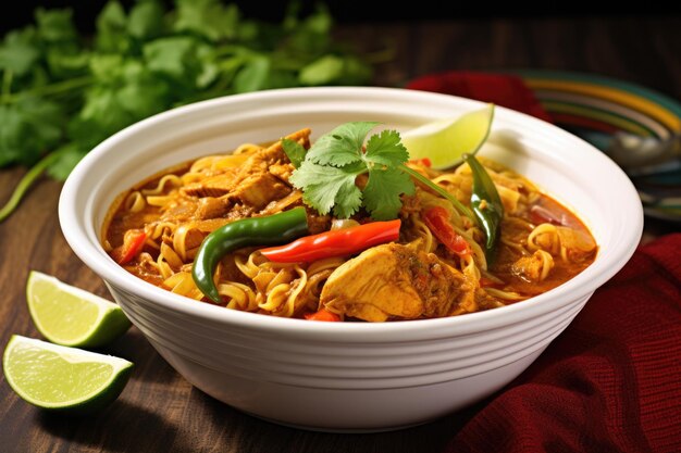 Photo malay curry noodles garnished with fresh lime and cilantro