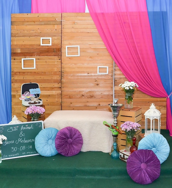 Malay wedding decor of flowers. Wedding setup.