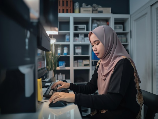 A Malay woman works at a computer check online orders at home Generative AI