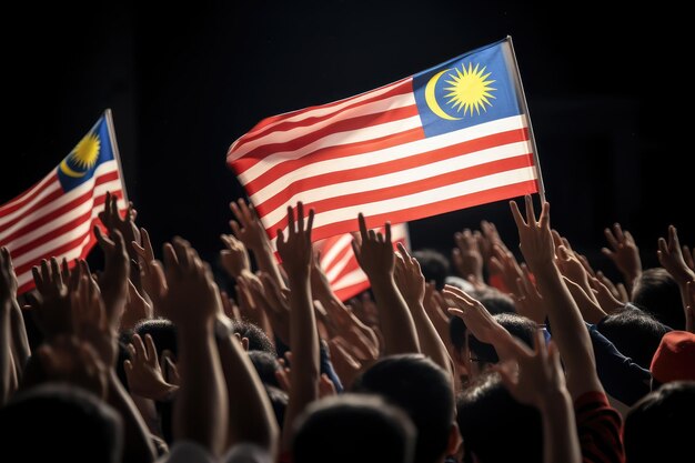 写真 マレーシアの国旗は黒い背景の群衆の中に振られています マレーシア国旗を手で振っています またjalur gemilangとも呼ばれています