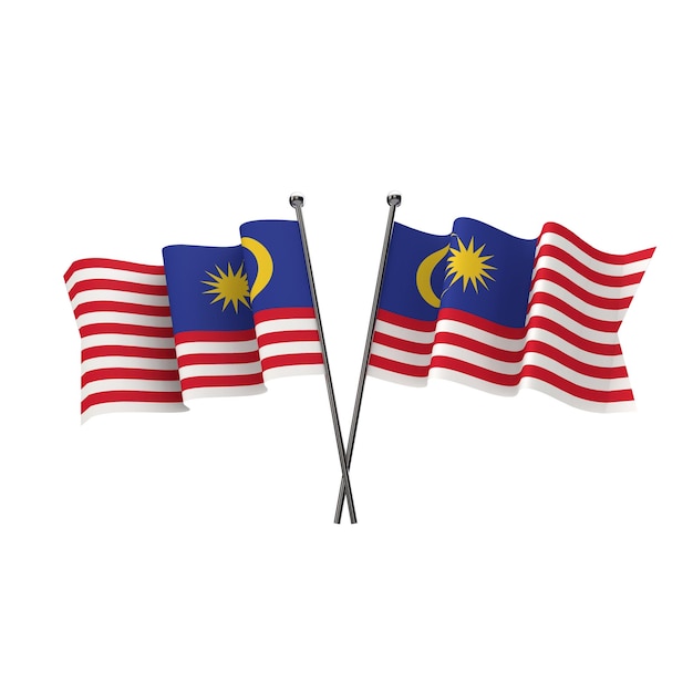 マレーシアの旗は、白い背景の3Dレンダリングで分離して交差しました