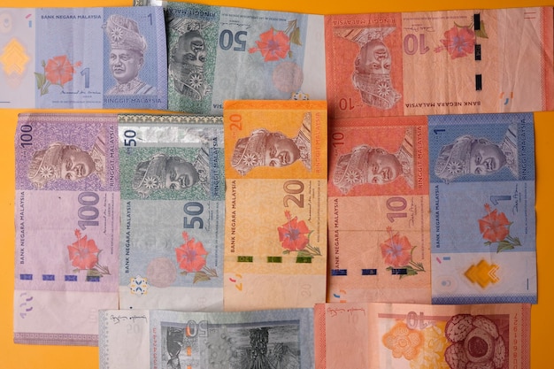 Malaysian banknotes in denominations of 100 ringgit, 50 ringgit, 20 ringgit, 10 ringgit and 1. RM.