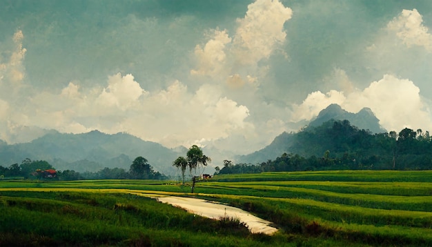 말레이시아 시골 논 산 강 흐린 하늘