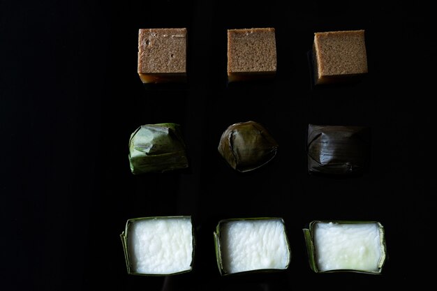 Malaysian food. chocolate jelly, kuih koci, and kuih tepung pelita.