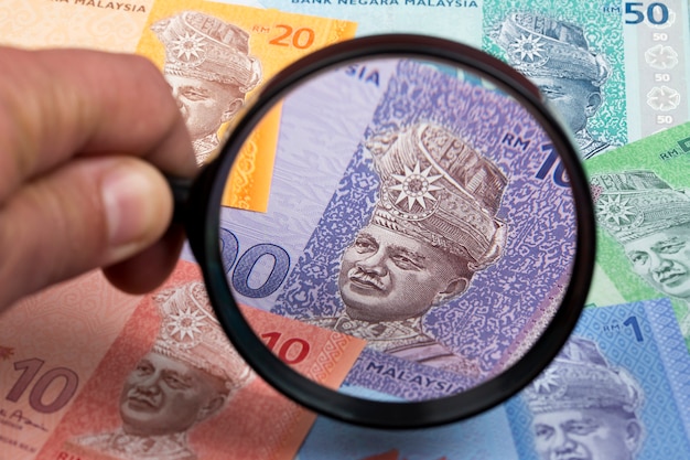 Malaysian money in a magnifying glass a business background