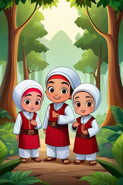 말레이시아 무슬림 아이들이 숲에서 전통 옷을 입고 있는 만화 캐릭터