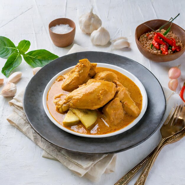 Malaysian style chicken curry with potatoes kari ayam selective focus white background