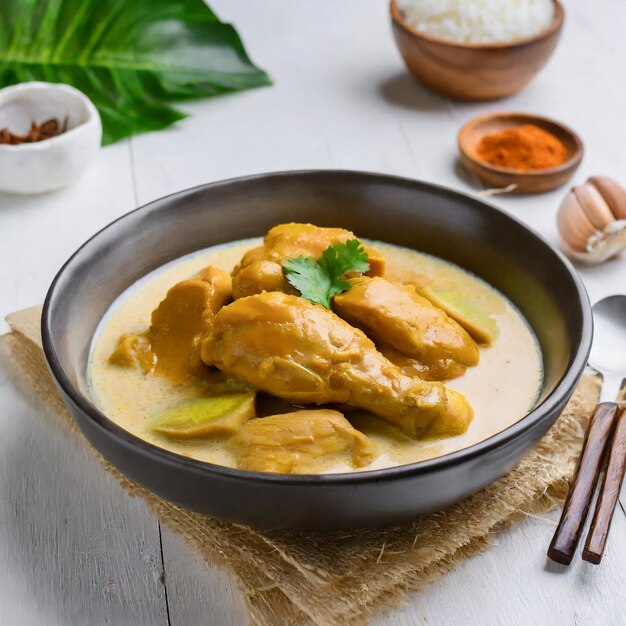 Malaysian style chicken curry with potatoes kari ayam selective focus white background