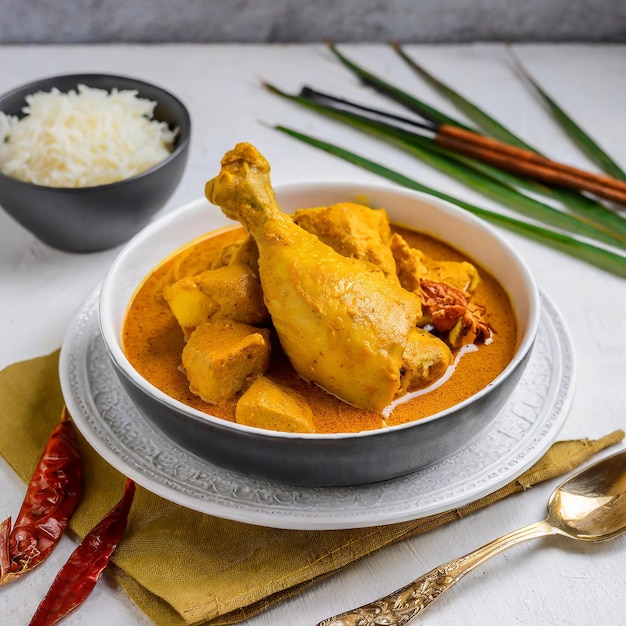 Malaysian style chicken curry with potatoes kari ayam selective focus white background