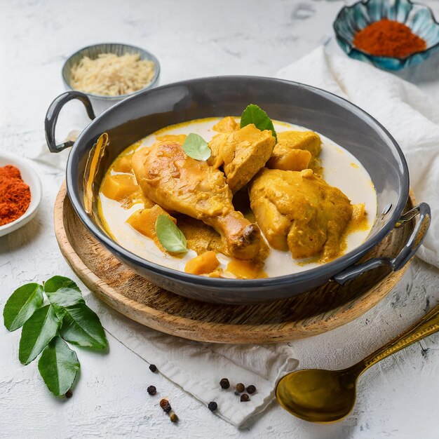 Malaysian style chicken curry with potatoes kari ayam selective focus white background