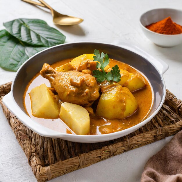 Malaysian style chicken curry with potatoes kari ayam selective focus white background