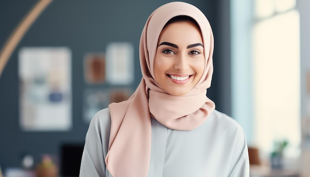 Malaysian woman in muslim headscarf working in office