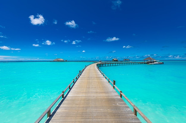Остров мальдивских островов с голубым морем, голубым небом для концепции фона отдыха на природе. деревянная дорожка