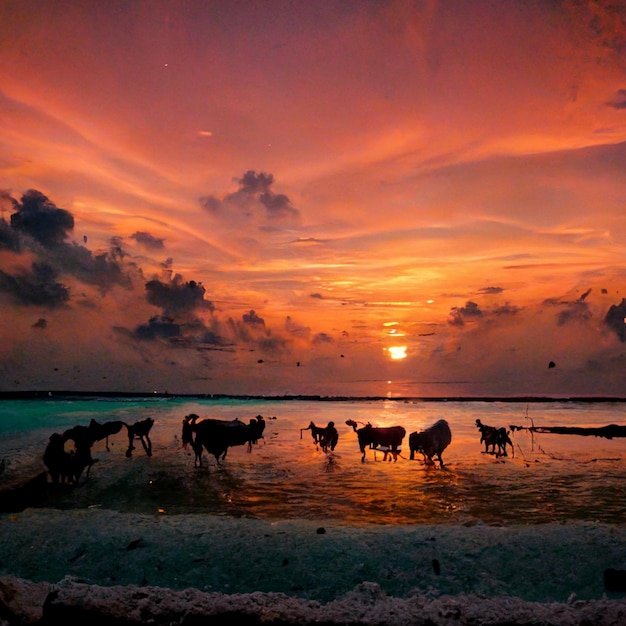 Maldives luxurious beach with goats and glasses of wine with epic sunset design