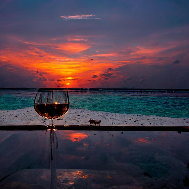 Maldives luxurious beach with goats and glasses of wine with epic sunset, illustration, picture