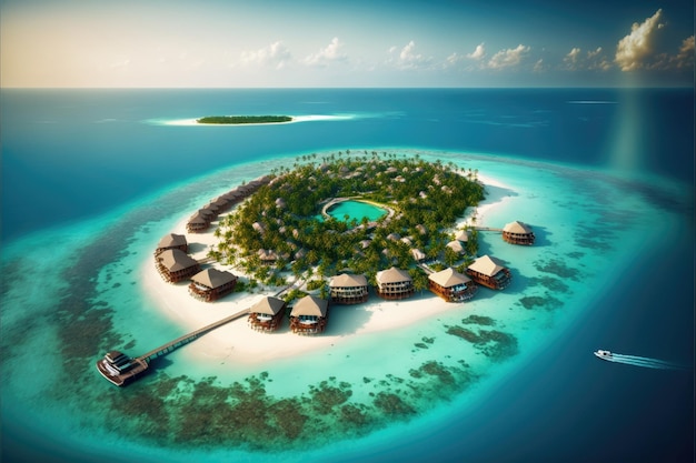 Maldive resort di lusso bellissimo mare hotel cielo blu vista dall'alto realizzato da aiartificial intelligence