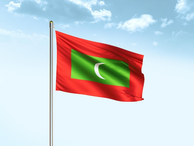 Maldives national flag waving in blue sky with clouds Maldives flag 3D illustration