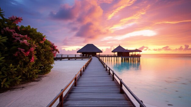 Maldives at a resort on the island at sunset