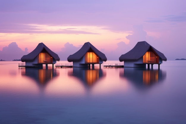 Maldives sea view bungalows in sunset at beach