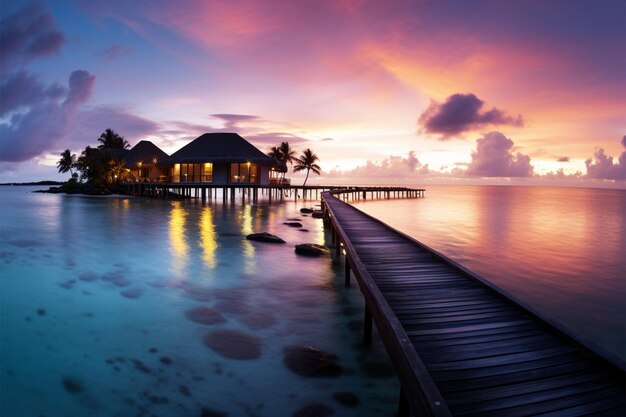 Photo maldives sunset beach paradise with colorful skies water villas and tranquility