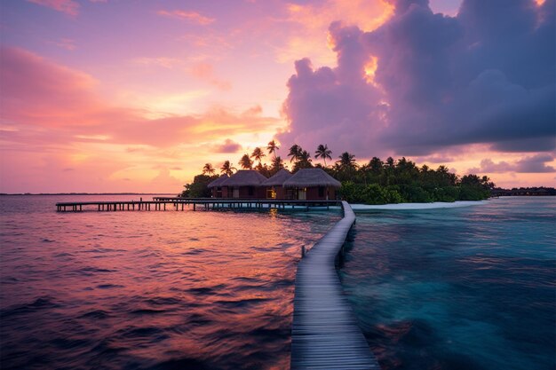 Photo maldives sunset beach paradise with colorful skies water villas and tranquility