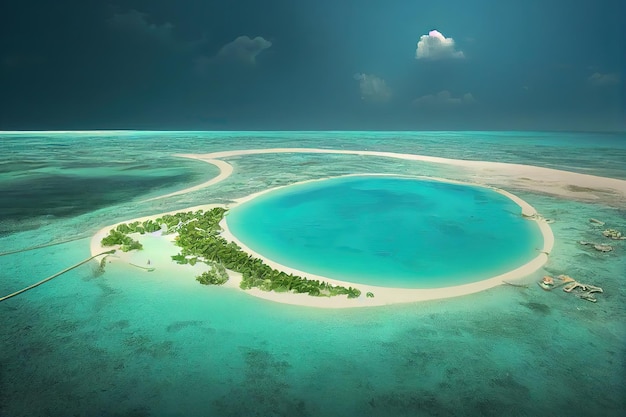 몰디브 이 군도는 최고의 열대 섬 낙원 디지털 아트 스타일의 그림입니다.
