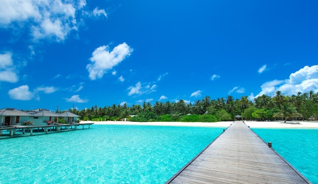 Maldives water bungalow on ocean water landscape