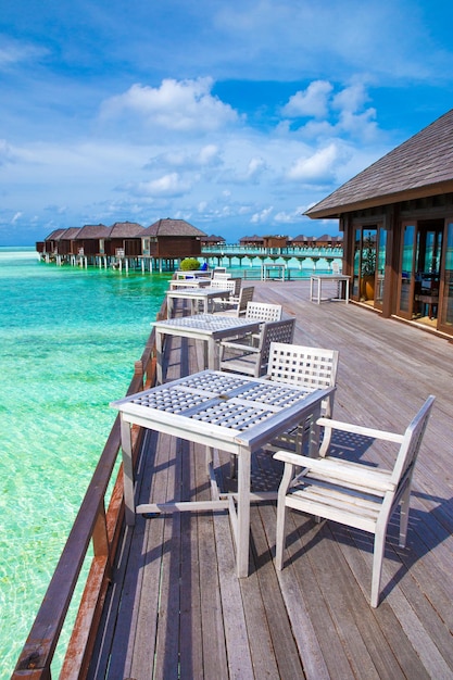 Maldives water bungalows resort at islands beach Indian Ocean Maldives Beautiful sea landscape luxury resort and sky Beach under wonderful sky