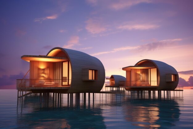 Maldives zee uitzicht bungalows bij zonsondergang op het strand