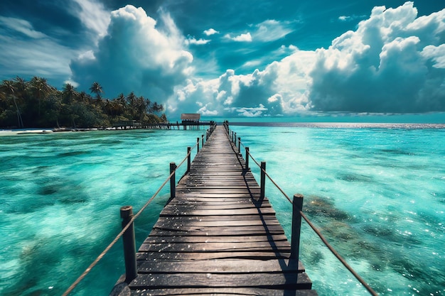 The Maldives39 pristine turquoise waters shimmer beneath the tropical sun punctuated by a long jetty reaching out to a tranquil paradise