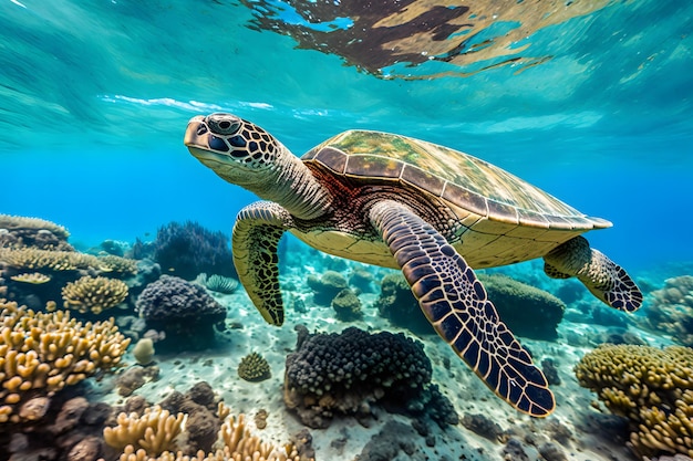 Maldivische zeeschildpad drijvend boven en over koraalrif met prachtige kleurrijke achtergrond Neuraal netwerk gegenereerde kunst