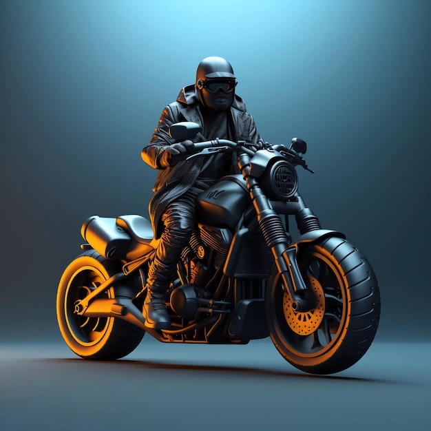 写真 モーターバイクに乗っている黒いジャケットとヘルメットを着た男性3dキャラクター