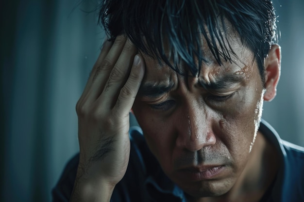 Male adult in Asia experiencing depression and headache