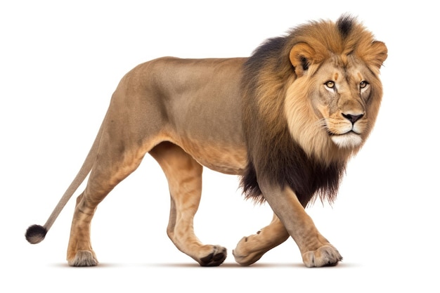 Взрослый самец льва Panthera leo прыгает с открытым ртом, изолированным на белом