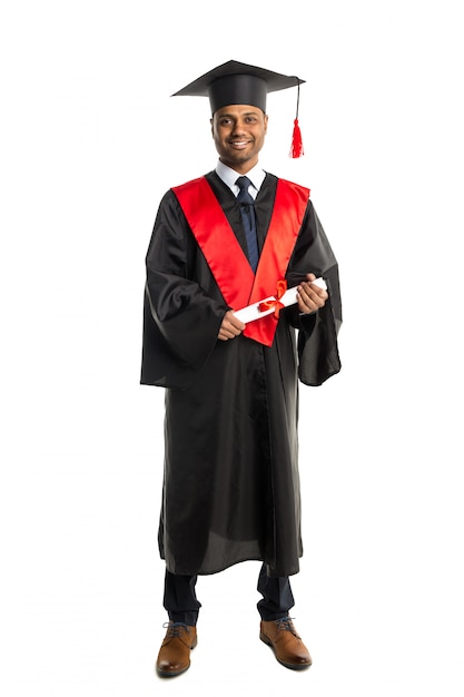 Male african american graduate in gown and cap