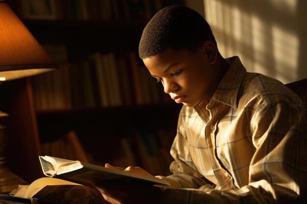 Foto adolescente afroamericano maschio che legge libri nella biblioteca domestica casual rilassante ai generativo aig23