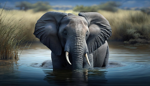 A male African elephant is taking a swim in the lake