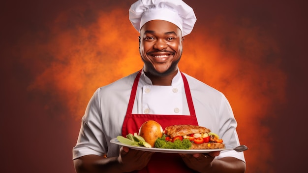 色の背景においしい料理を持つ男性のアフリカ系アメリカ人シェフ