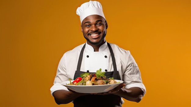 Male AfricanAmerican chef with tasty dish on color background