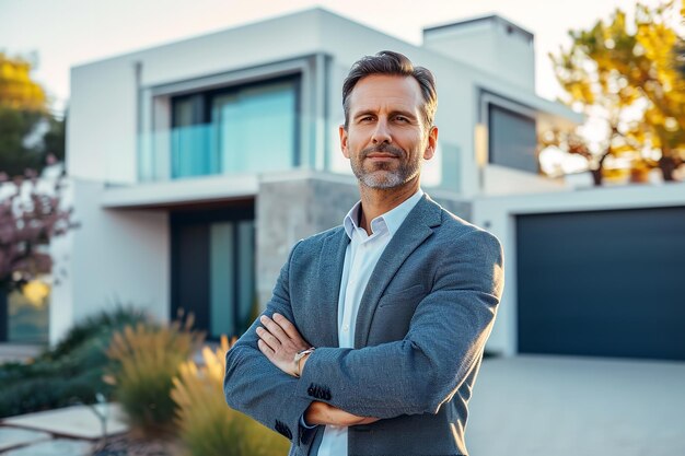 Photo a male american real state agent appears in front of a house generative ai