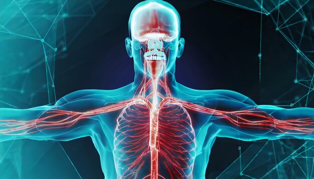 Male anatomy of blood flow in the body in xray 3d rendering and mesh concept Generative AI