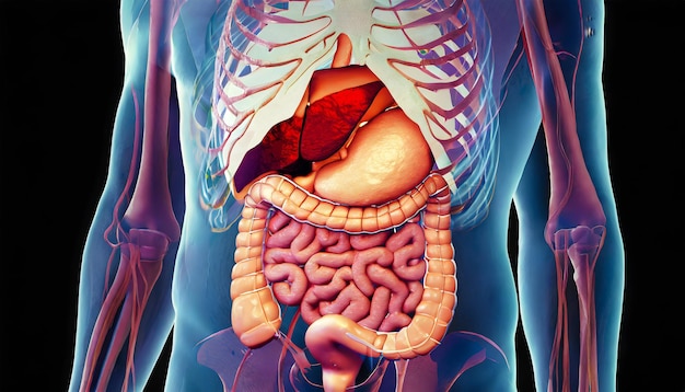 Male anatomy of the human intestinal system 3d rendering concept and medical technology network