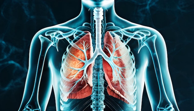 Photo male anatomy of the human lung system 3d rendering concept and medical technology network generati