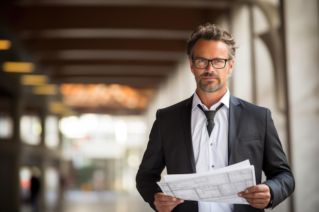 Male architect 40 years old wearing a professional outfit holding a architectural model