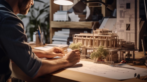 Foto un architetto costruisce un modello di una casa o di un edificio nel suo ufficio