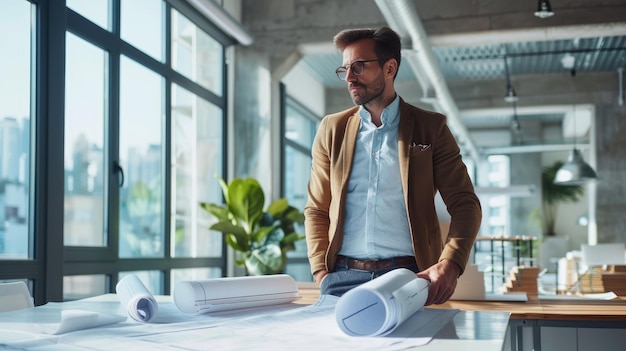 Male Architect Reviews Blueprints in Sunlit Office