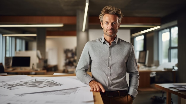 Male architect stands in an office in front of a desk with various architectural projects