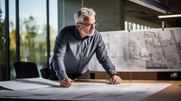 Male architect stands in an office in front of a desk with various architectural projects