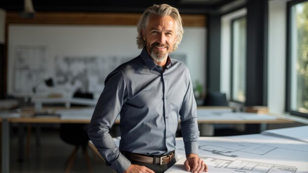 Male architect stands in an office in front of a desk with various architectural projects